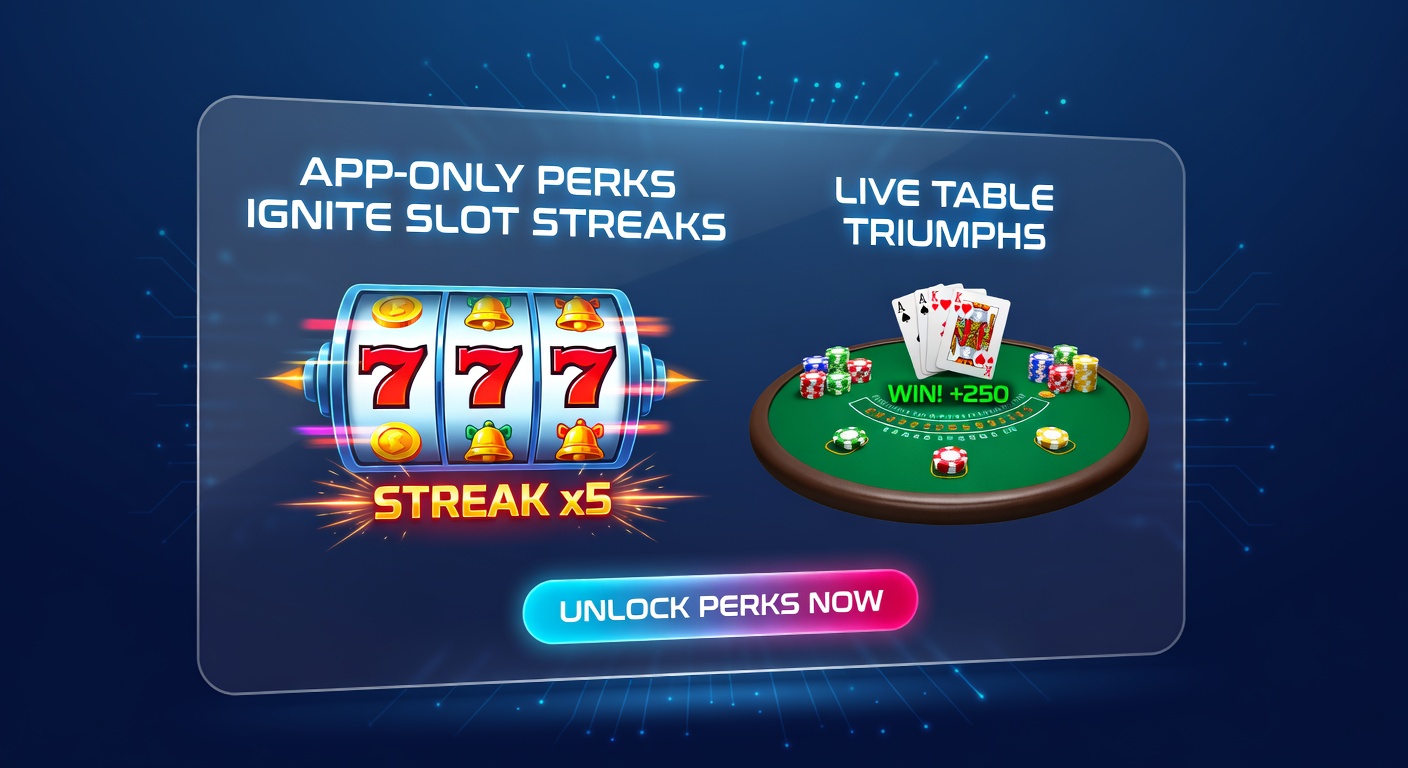 Mobiele casino-app toont exclusieve beloningen voor slots en live tafels met streak-meters en bonus-iconen