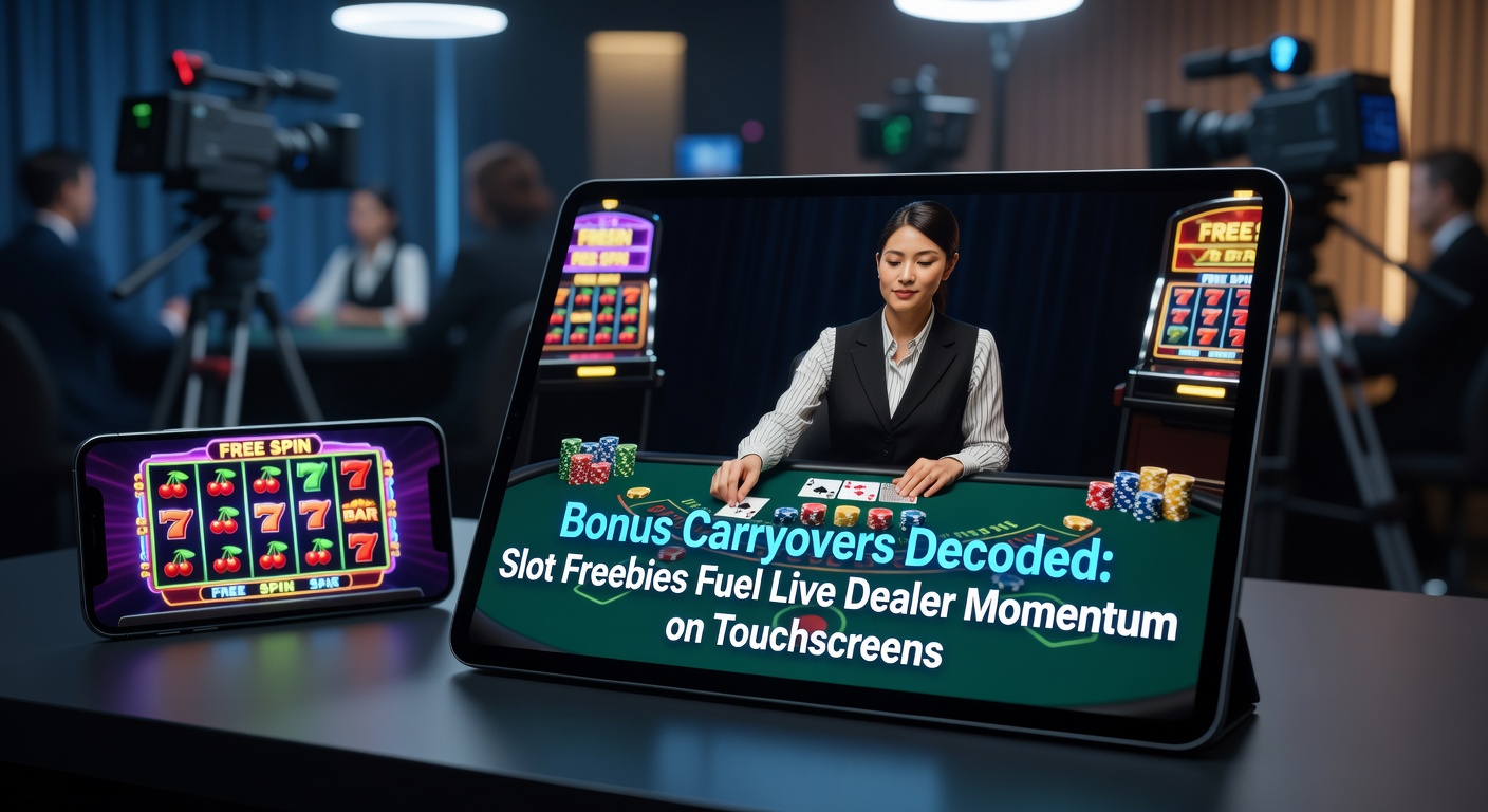 Mobiel touchscreen met actieve slotbonus die overgaat in een live dealer roulette sessie, symboliserend naadloze carryover