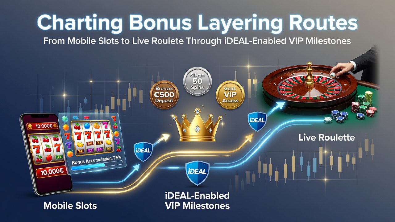 Visuele weergave van bonusopbouw routes van mobiele slots naar live roulette met iDEAL betalingen