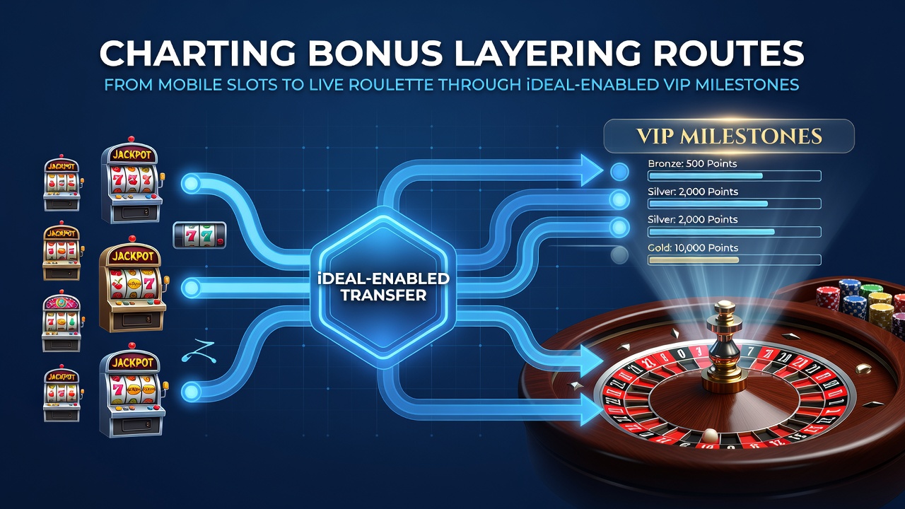 Diagram van VIP mijlpalen en iDEAL stortingen die bonuslagen activeren tussen slots en roulette