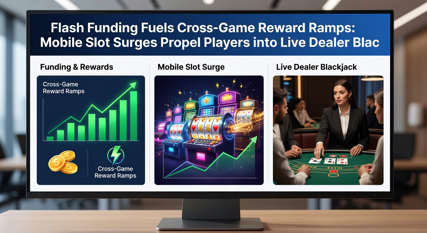 Grafiek toont stijgende lijn van slotwinsten naar live blackjack pieken met flash funding iconen en beloningsbogen