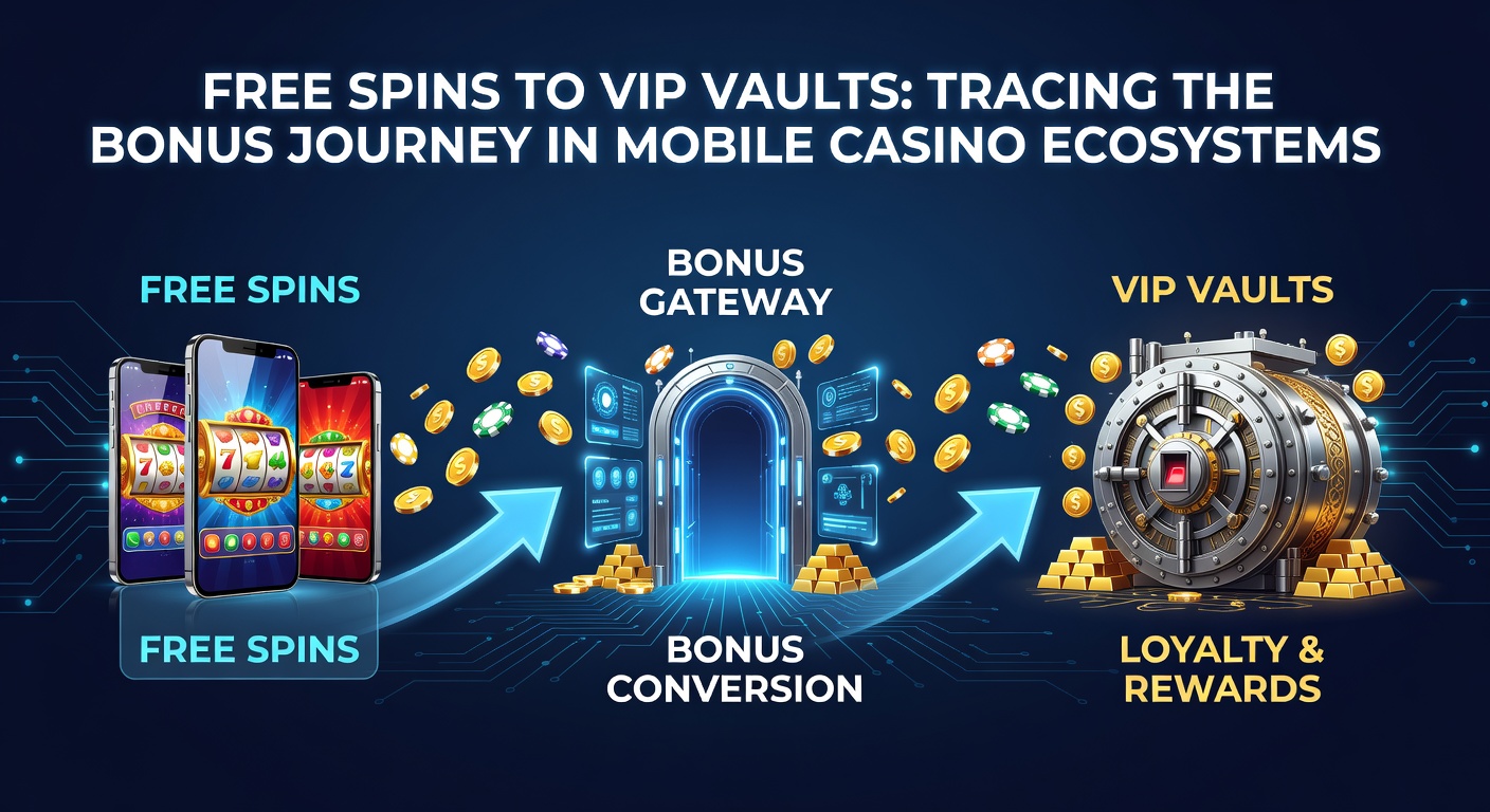 Mobiele casino app met free spins en VIP bonus levels op een smartphone scherm, illustrerend de progressie van basisbeloningen naar elite vaults
