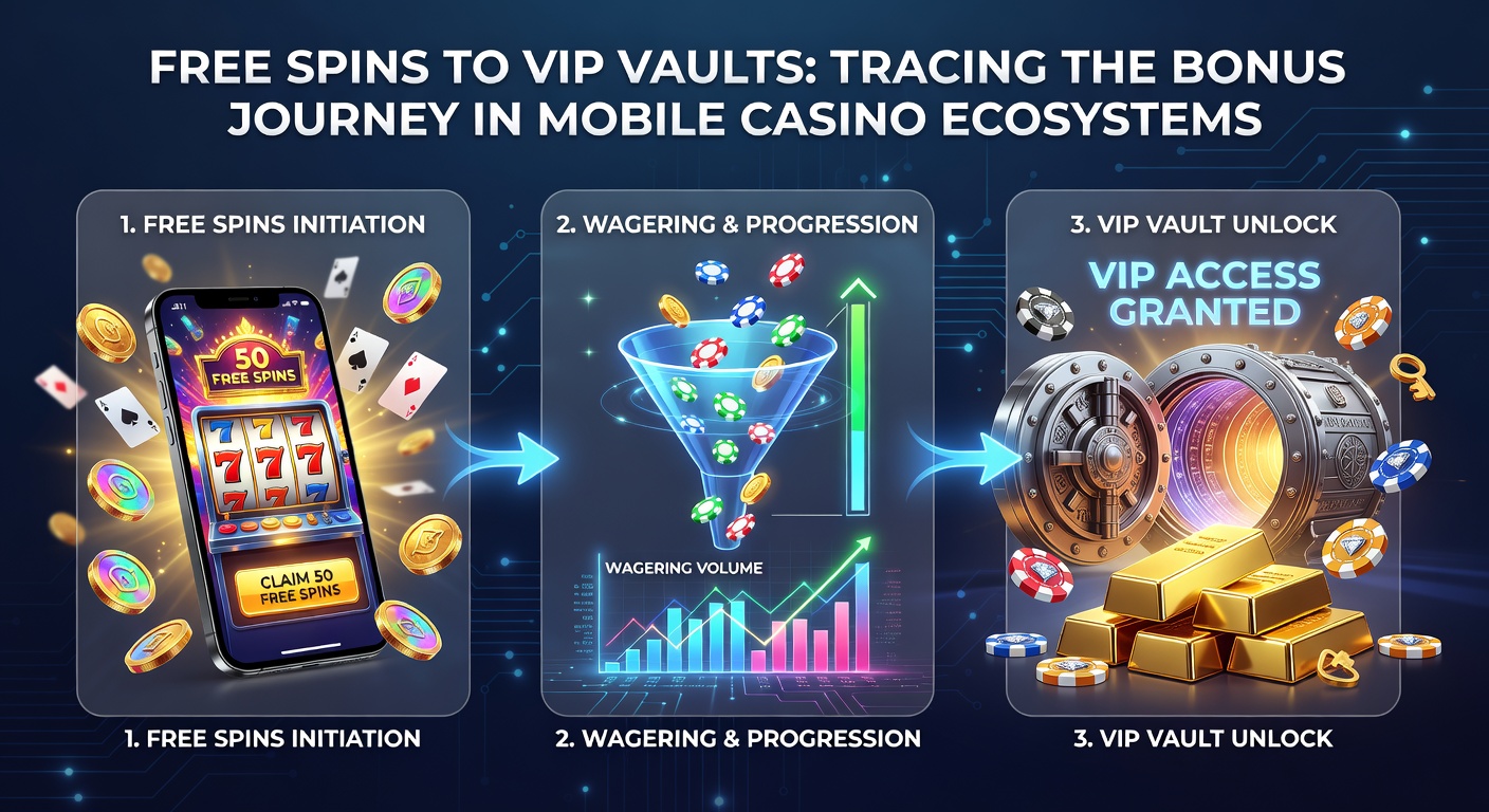 VIP vault icoon in een mobiel casino dashboard met gouden sleutels, free spins icons en progress bars die de bonus ladder tonen