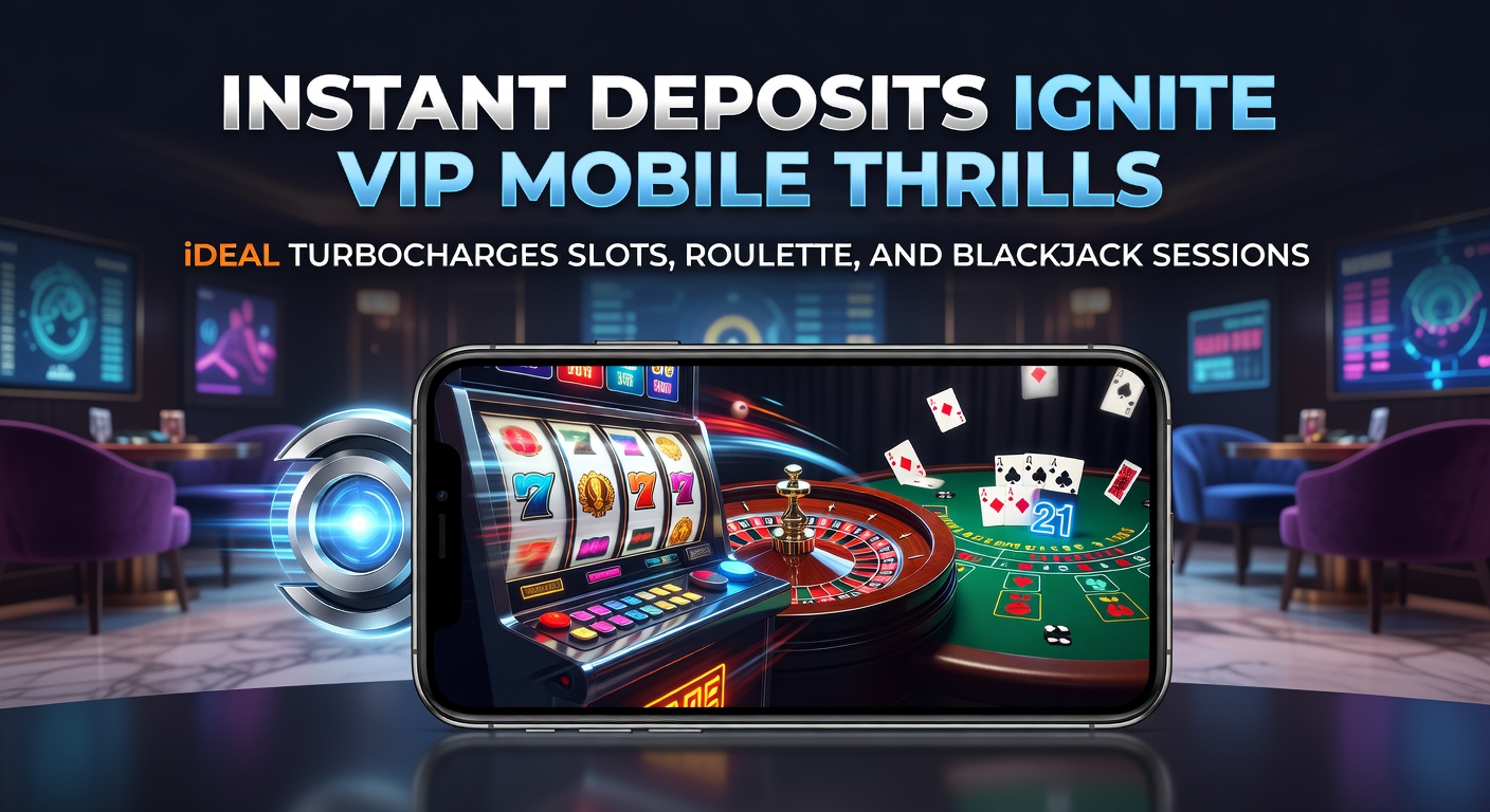 Dynamisch mobiel scherm met iDEAL-stortingsknop en draaiende slots, roulettewiel en blackjacktafel op een smartphone, symboliserend directe actie en VIP-thrills