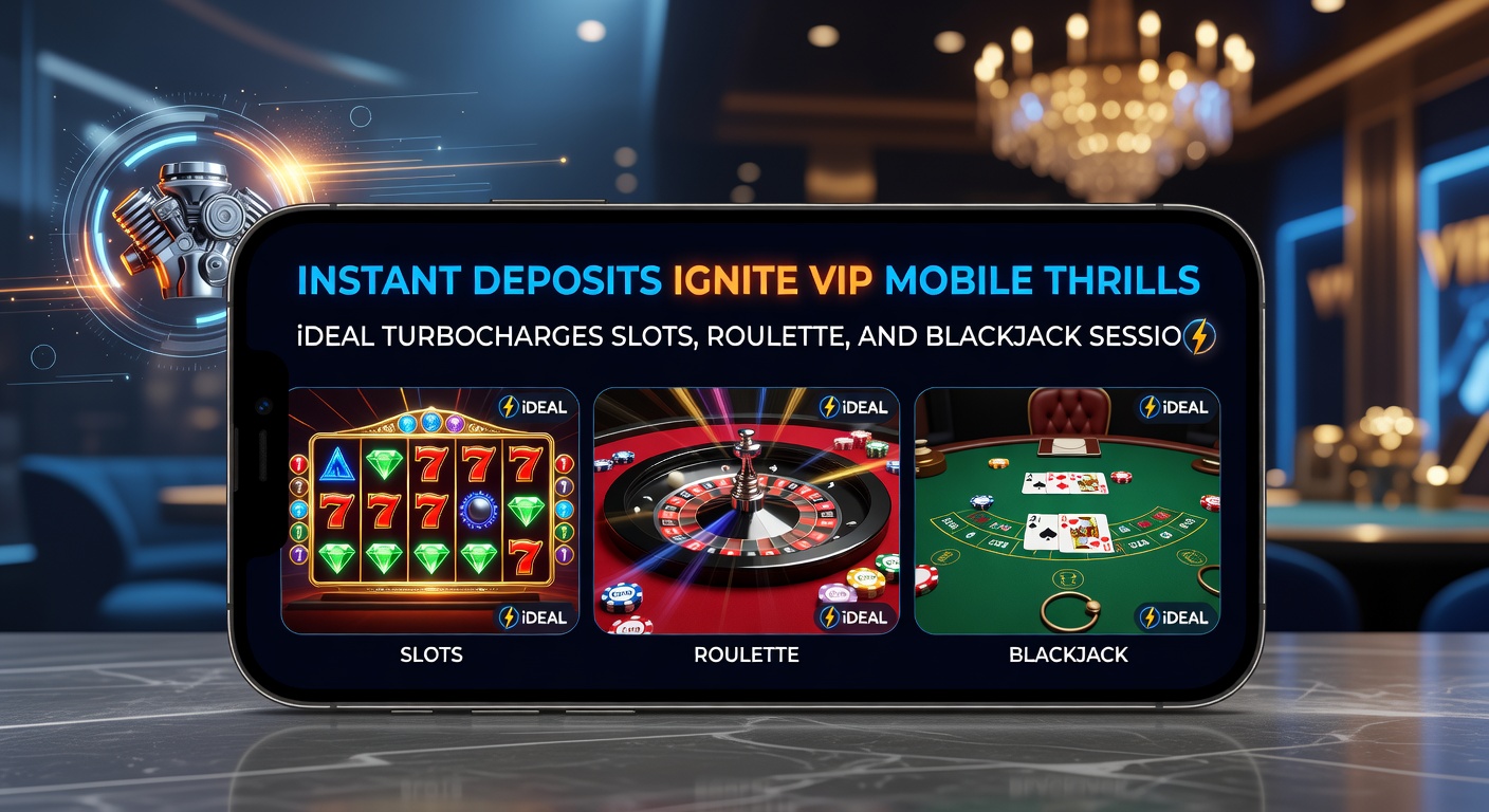 VIP-mobiel dashboard met live roulette, blackjack en slots, iDEAL-icoon actief en jackpot-tellers die tikken, illustrerend turbocharged sessies