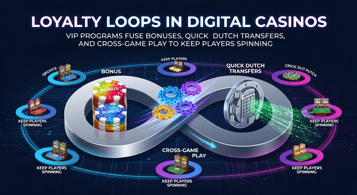 Grafische weergave van een loyaalheidslus in een digitaal casino, met cirkels van bonussen, transfers en spelovergangen die spelers vasthouden