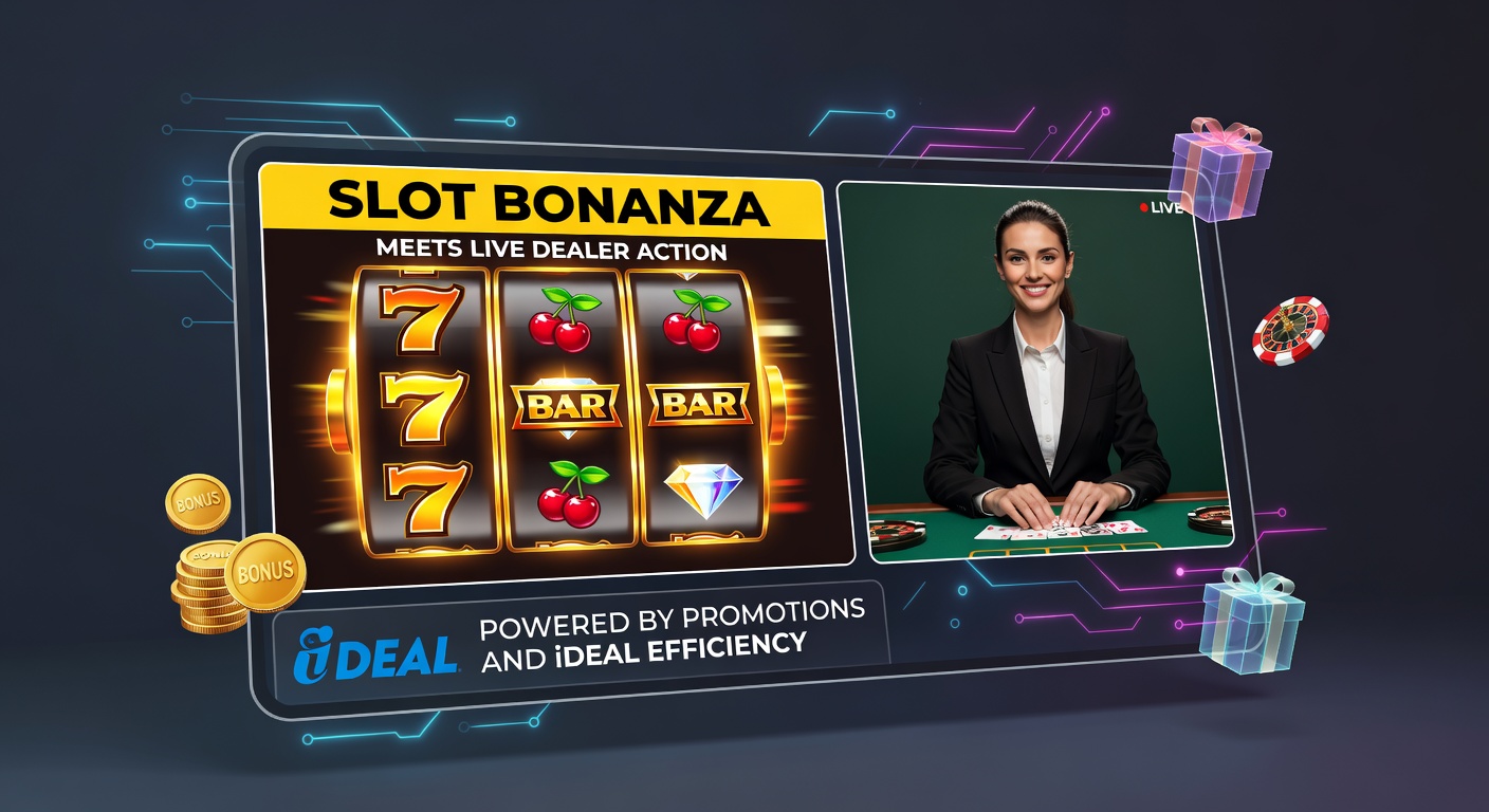 Mobiele scherm met draaiende slots en live dealer blackjack tafels naast elkaar, met iDEAL betaalicoon en promotie banners