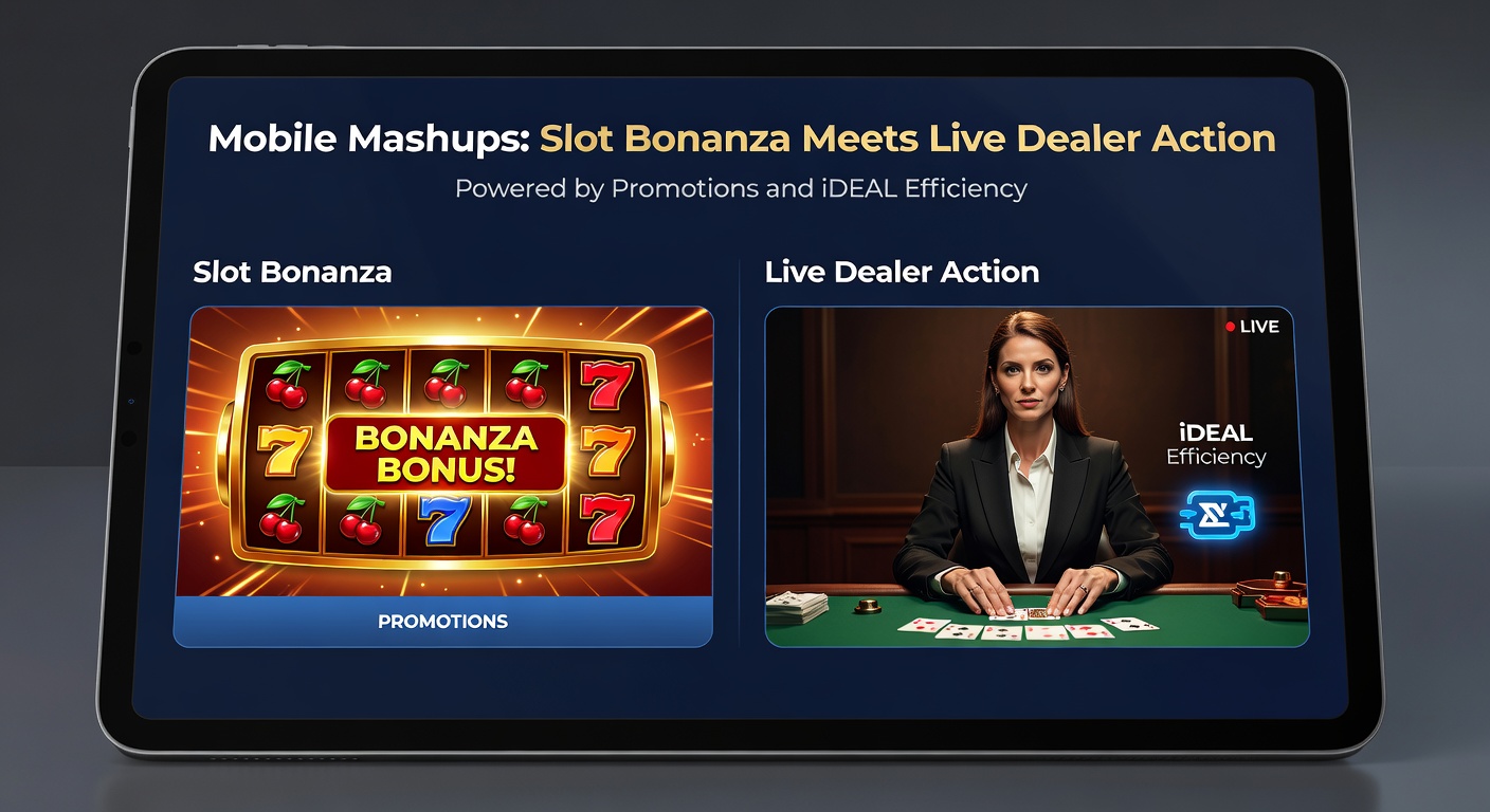 Close-up van een mobiel apparaat met actieve slot bonanza en live dealer stream, promotiepop-up voor iDEAL deposit en winstaanduiding