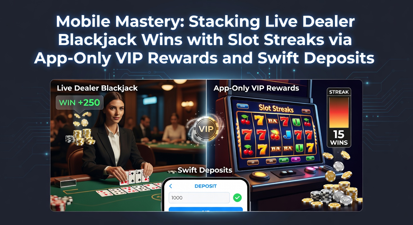 Mobiele app-interface met live dealer blackjack-tafel en draaiende slots, omringd door VIP-beloningsiconen en depositknoppen