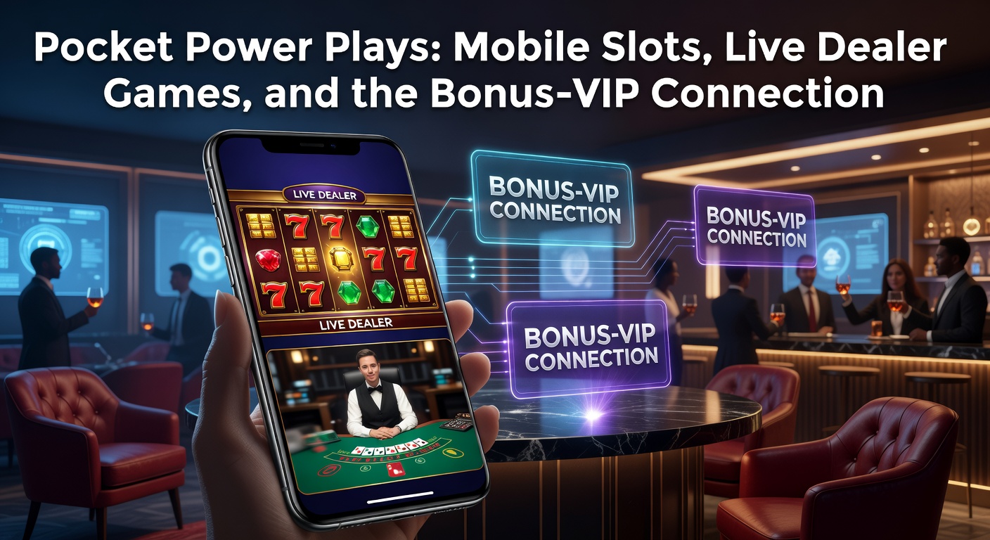 Smartphone met mobiele slots en live dealer tafels op scherm, omringd door bonus iconen en VIP levels