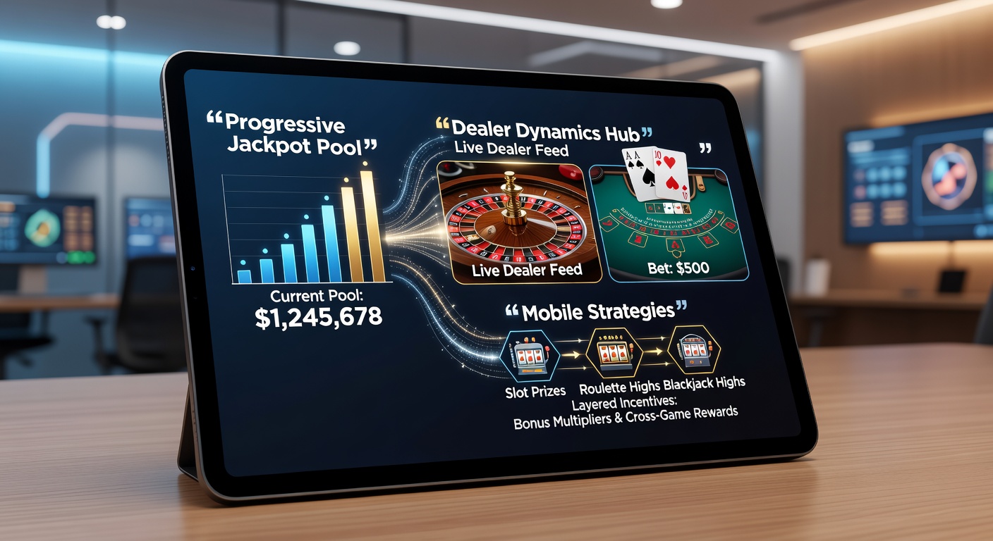 Schermafbeelding van een mobiel casino-app met progressieve jackpot-slots en live dealer tafels voor roulette en blackjack, gekoppeld door bonusindicatoren