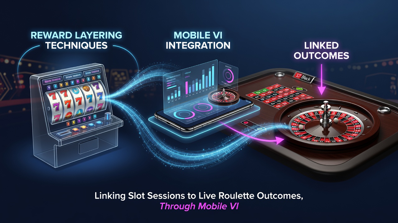 Diagram van beloningslagen die slot- en roulette-sessies verbinden via mobiele VIP en transfers