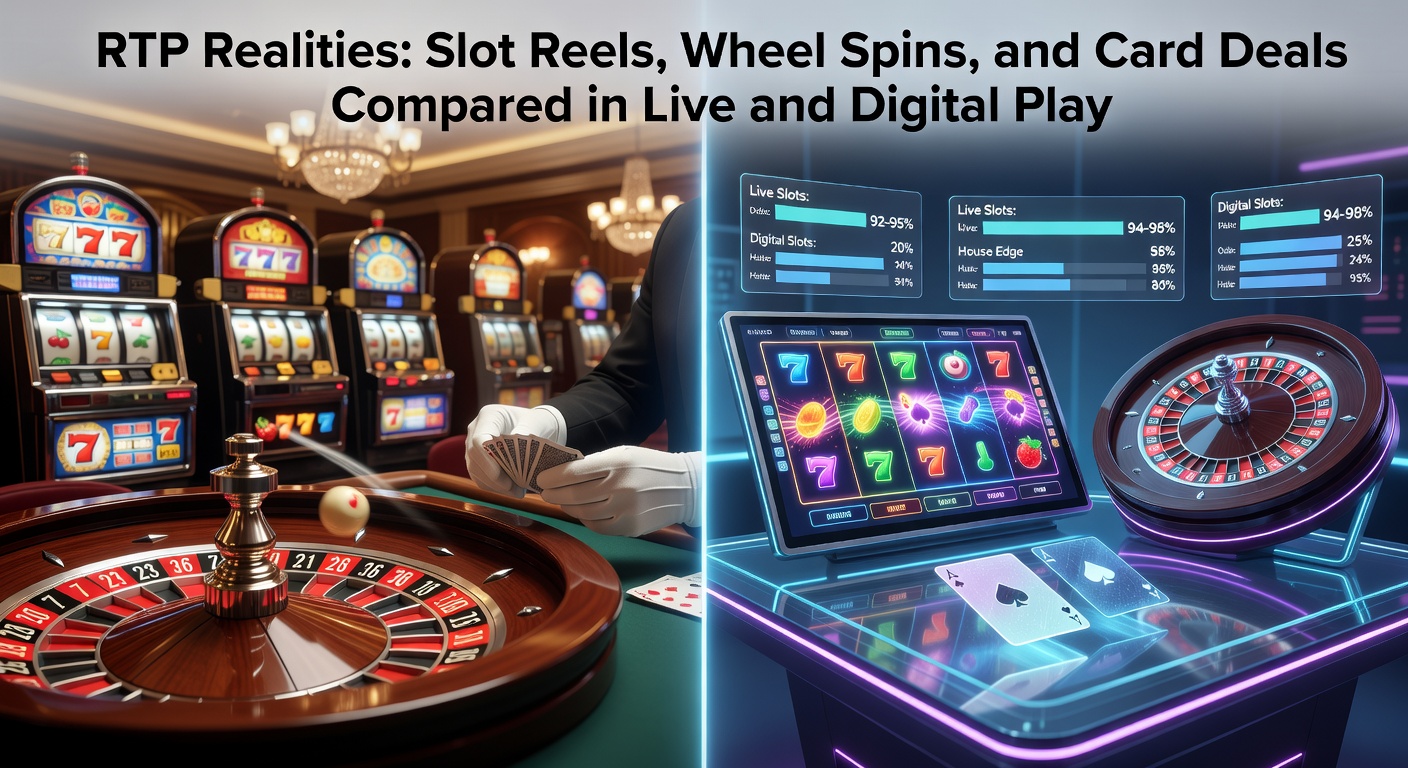 Slotrollen draaien in een bruisend live casino naast digitale schermen met wielspins en kaartdeals