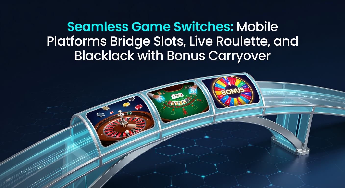 Mobiele telefoon met slots, live roulette en blackjack schermen die naadloos overlopen, inclusief bonusindicatoren