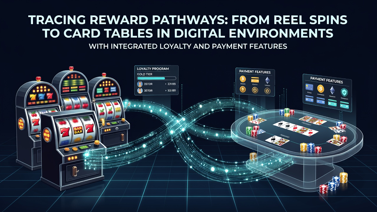 Illustratie van digitale beloningsroutes die reel spins verbinden met kaarttafels in online casino platforms met loyaliteits- en betalingsintegratie