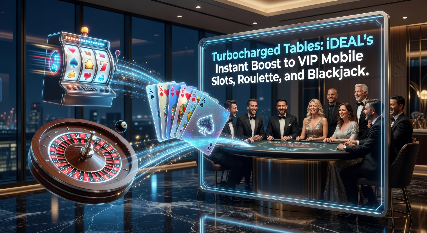 Mobiele scherm met turbocharged roulette-tafel en iDEAL-betaalknop, slots draaien op de achtergrond terwijl VIP-beloningen oplichten