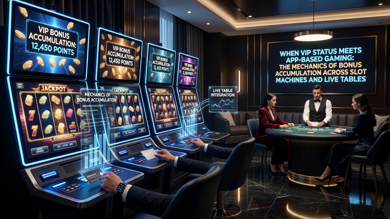 Illustratie van VIP-spelers die bonussen accumuleren via mobiele apps bij slots en live tafels